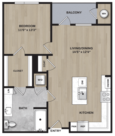 A floor plan of an apartment with a bedroom, bathroom, living/dining area, kitchen, and closet.
